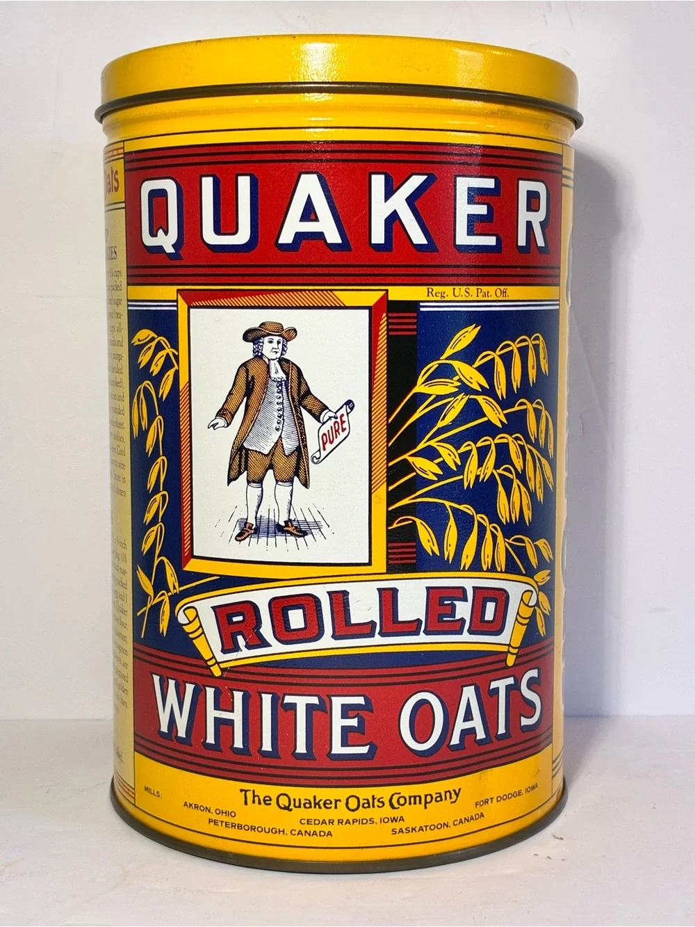 Quaker Rolled White Oats Vintage Yellow Red Tin - Quaker